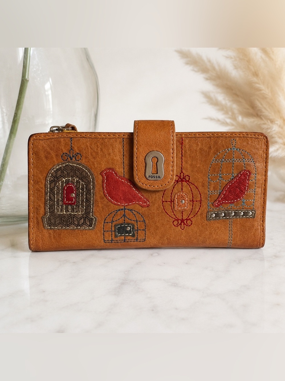 Fossil Tan Leather Wallet with Red Bird & Metallic Cage Appliqués